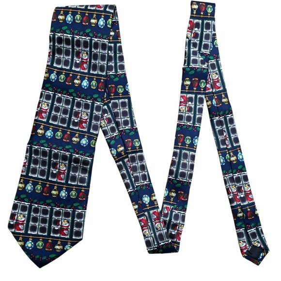 New Santas Dream Silk Christmas Neck Tie Santa Window Ornament Holly Holiday VTG - Picture 5 of 6